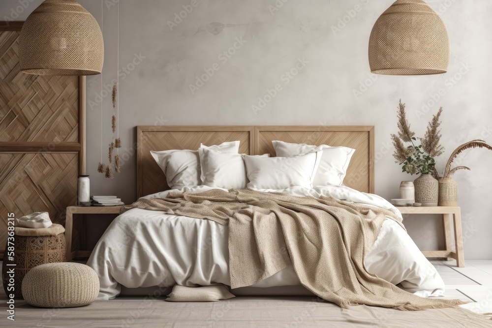 White and beige farmhouse bedroom with wall mockup. Wood and fabric bed. Boho decor,. Generative AI