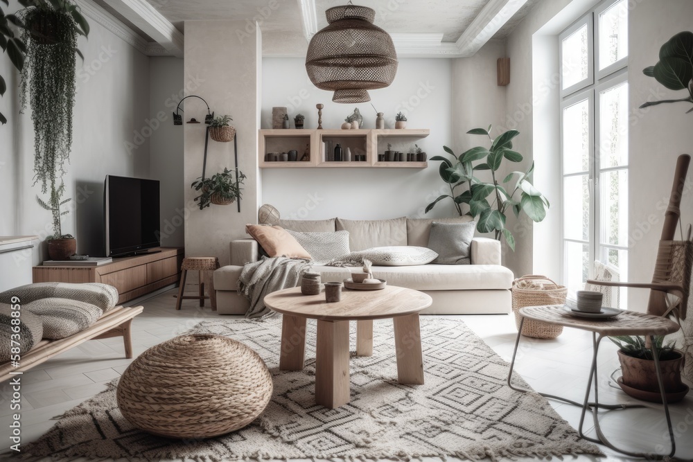 Decorated apartment living room. Modern scandinavian house with nobody. Sofa on white wall with natu