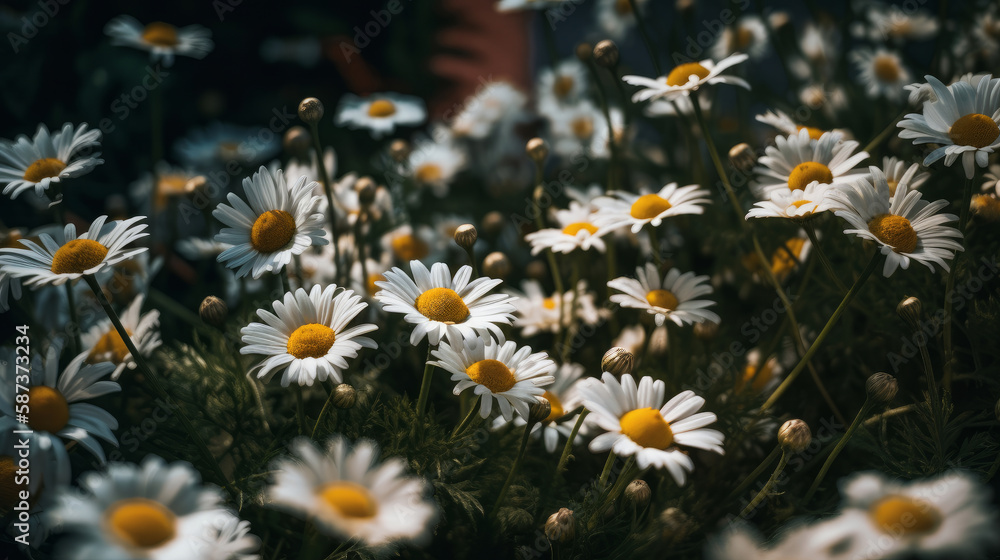 Chamomile flowers background. Illustration AI Generative.