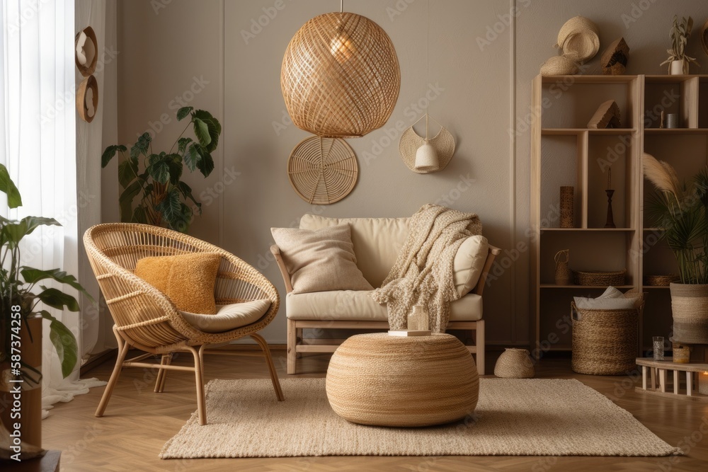 Scandinavian style beige room with wicker furnishings. Generative AI