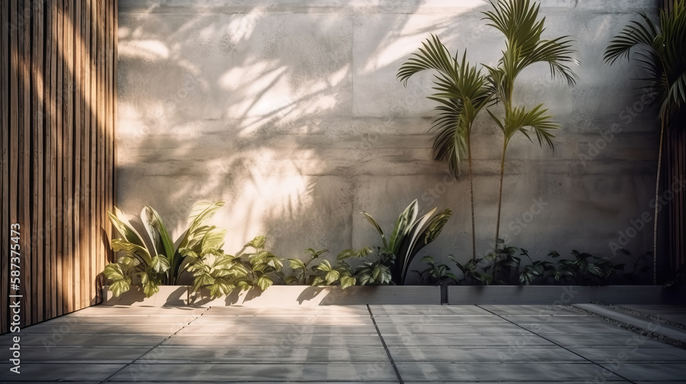 Empty background with wall and tropical leaves. Illustration AI Generative