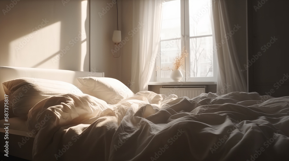 Home morning bedroom. Illustration AI Generative.