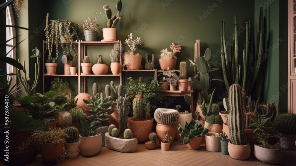 Big cacti collection. Illustration AI Generative