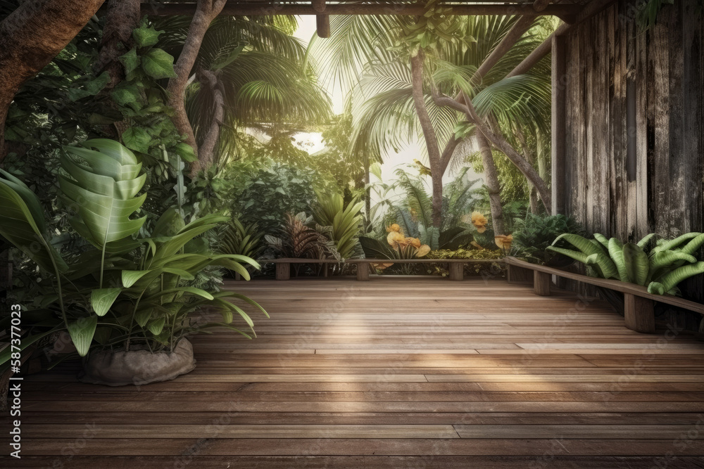 Wooden floor with tropical background. Illustration AI Generative.