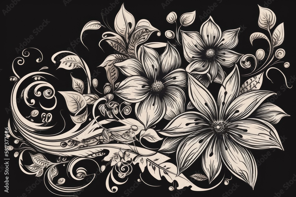 black and white floral design on white background. Generative AI