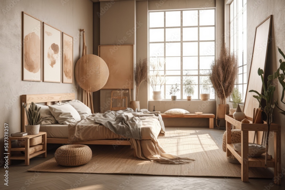 Japandi farmhouse bedroom. Beige apartment with natural wood furnishings and dry plants. Illustratio