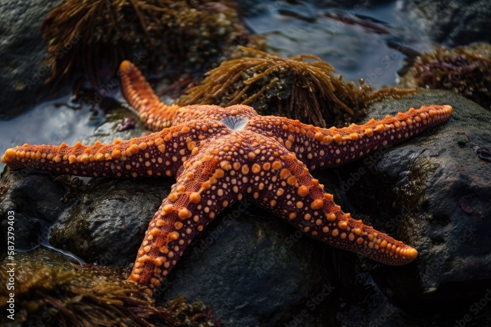 starfish resting on a rock covered in seaweed in an oceanic environment. Generative AI