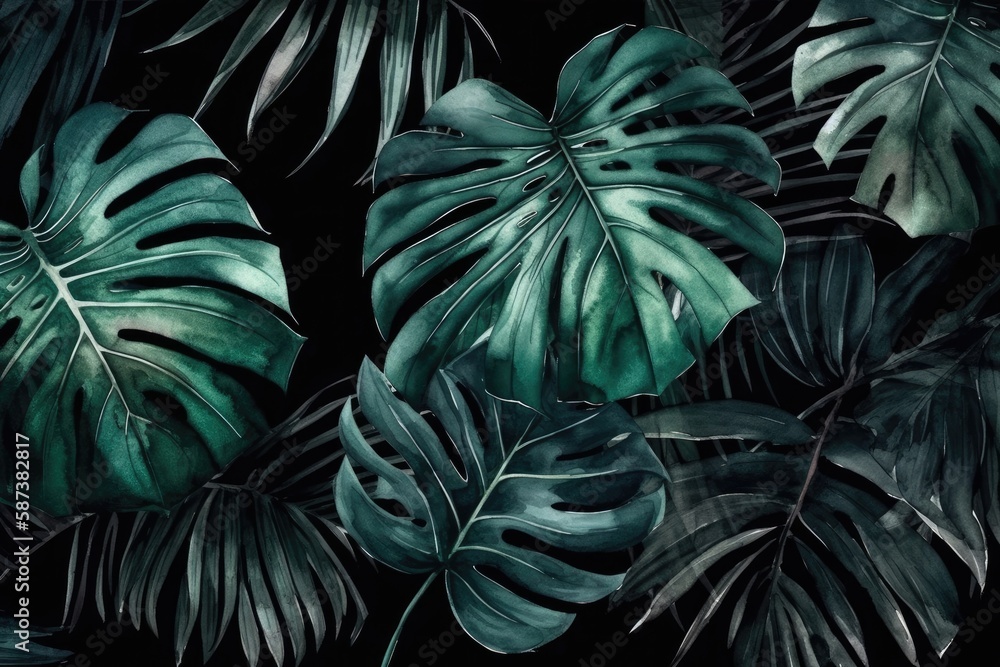 green leaves on a black background. Generative AI