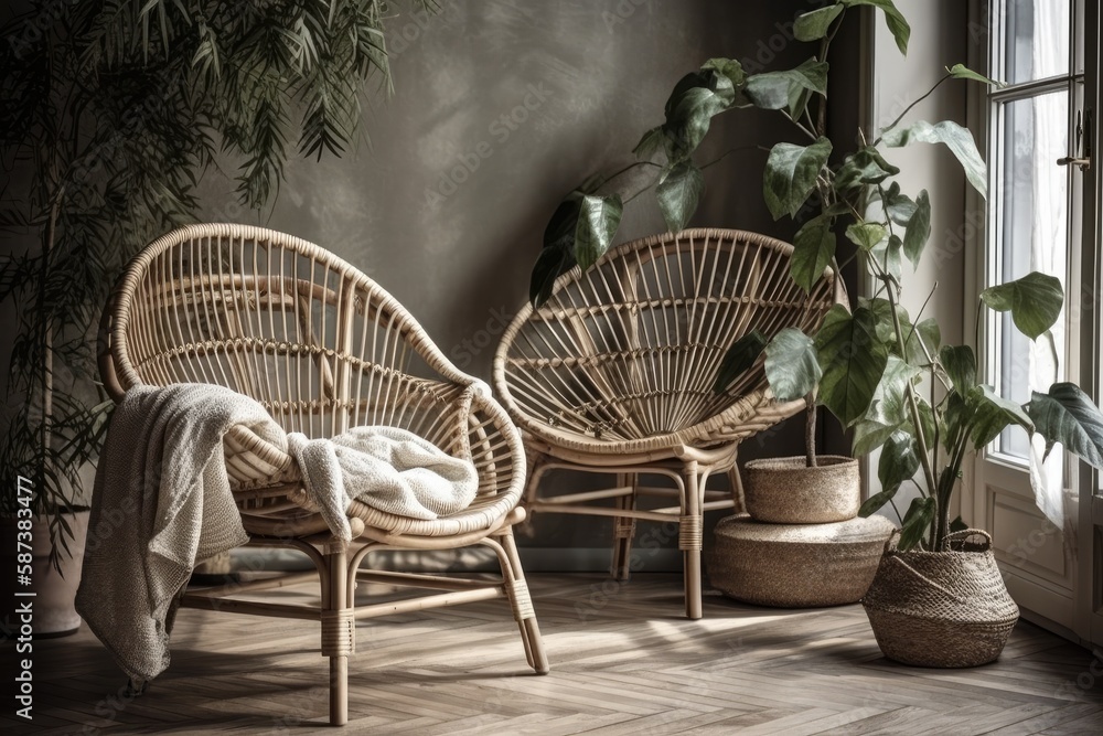 Boho style straw chair in light gray decor. Asian room. Uncluttered interior. Houseplants. Beach hom