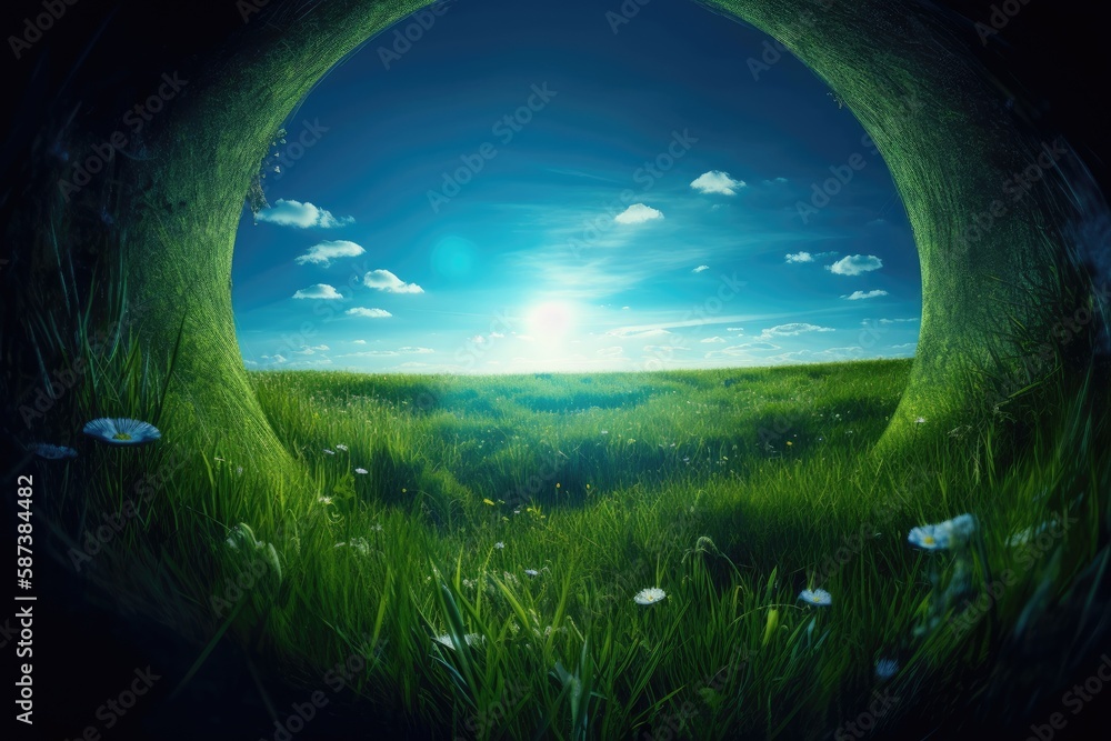 Inside a circular frame of green grass is a blue sphere shaped planet. Generative AI