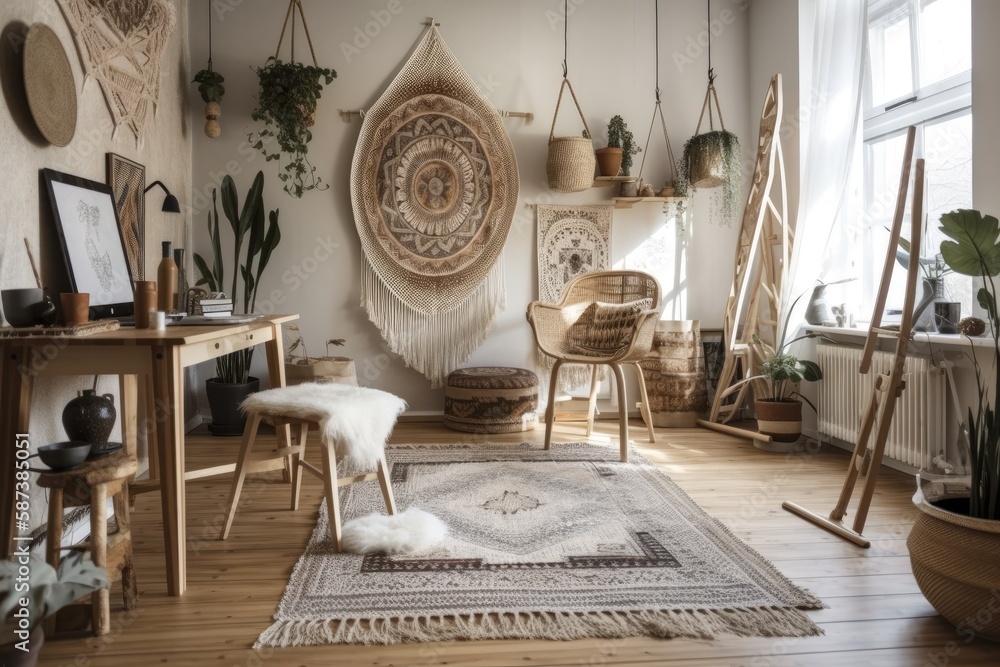 Scandi room with bohemian decor. Generative AI