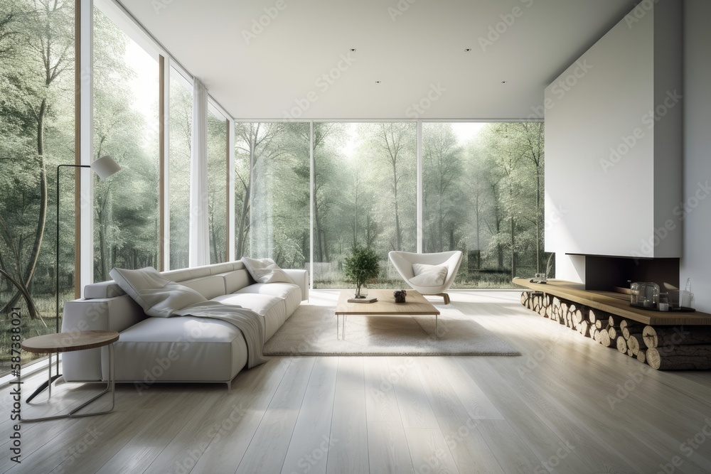 living room with dazzling white walls, breezy green forest outlook, and minimalist furniture. Genera