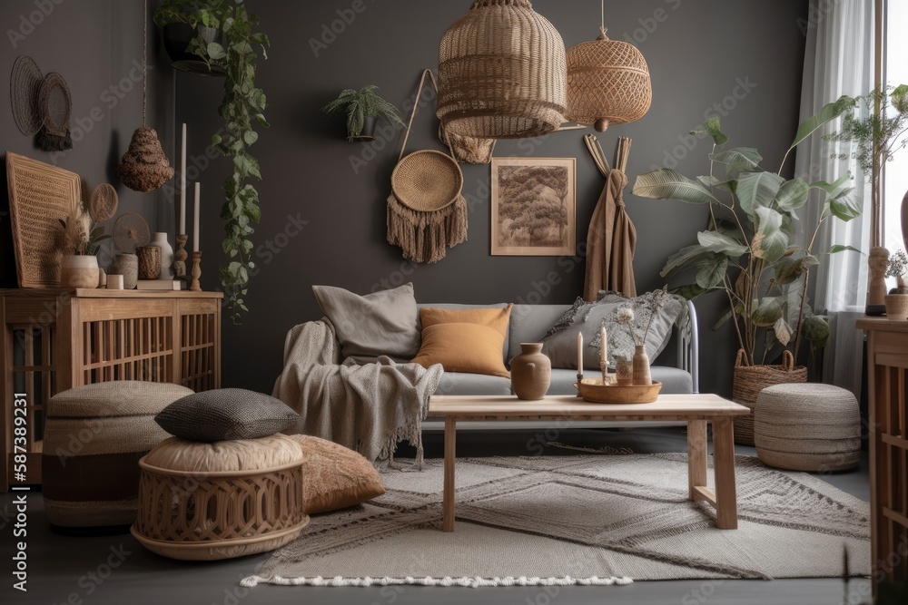 Bohemian living room with gray couch, wooden cube, beige macrame, hat, rattan lamp, basket, plaid, a