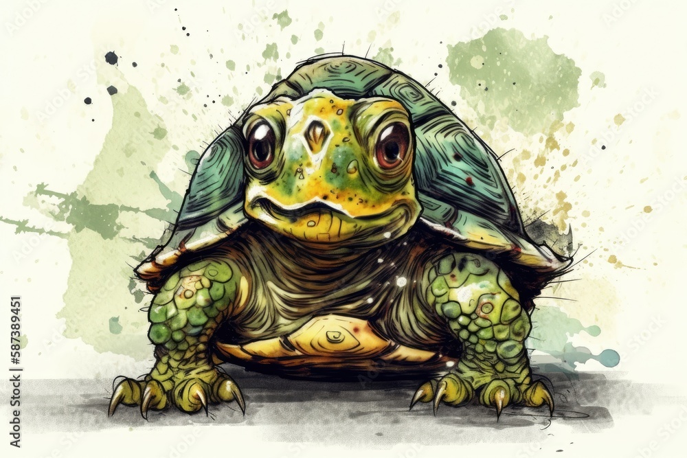 watercolor painting of a turtle on a white background. Generative AI