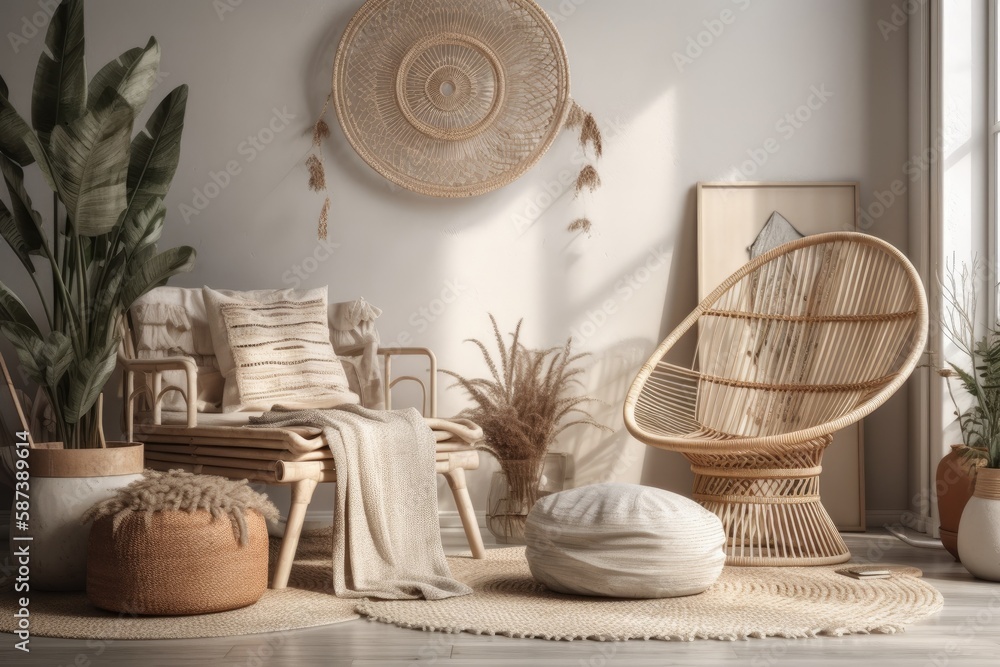 Boho living room with white wall, wicker chair, couch, table, and pampas in pot. Generative AI