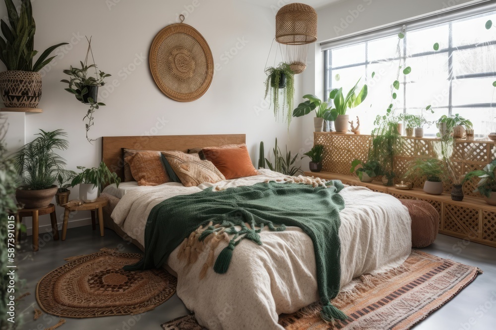 Front picture of boho chic bedroom with comfy bed, cushions, plaid, and green houseplant décor near 