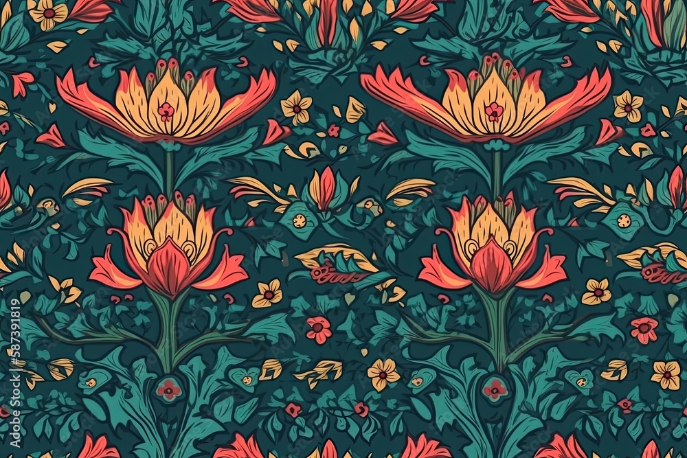 botanical pattern featuring flowers and leaves on a green backdrop. Generative AI