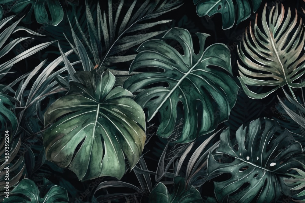 green leaves on a black background in a painting. Generative AI