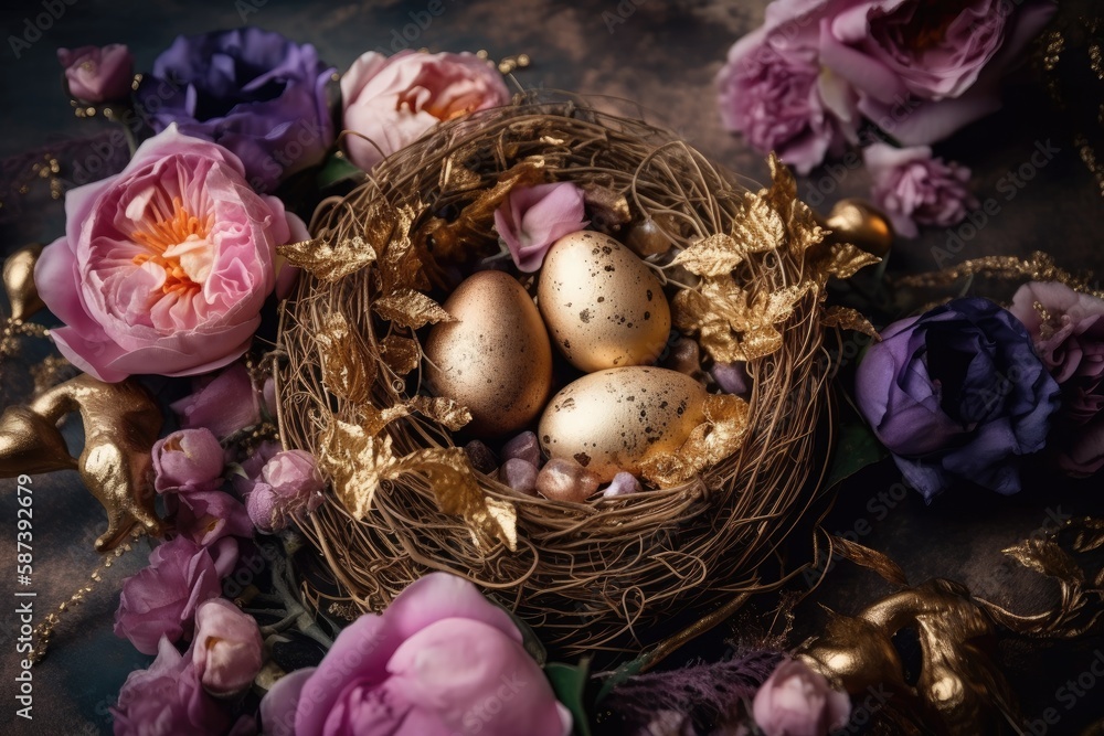 Digital newborn backdrop featuring a golden egg and flowers on a violet background. Generative AI