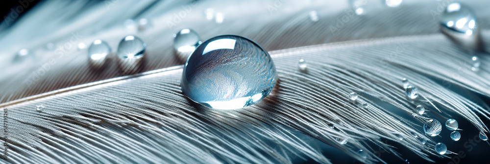 Water droplets on light blue feather