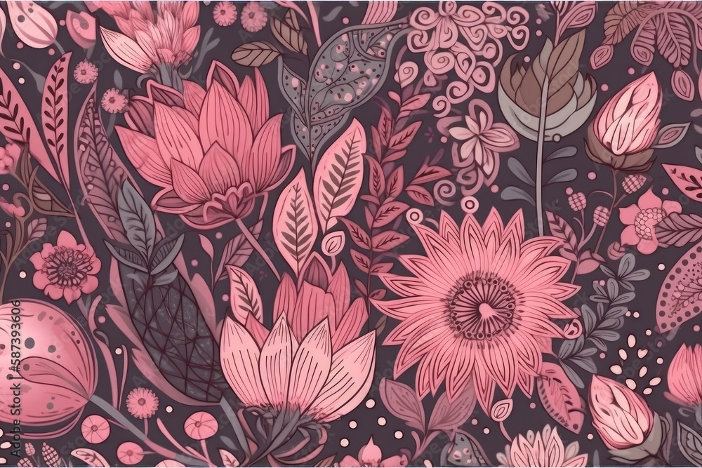 pink and grey floral wallpaper with delicate leaves and flowers. Generative AI