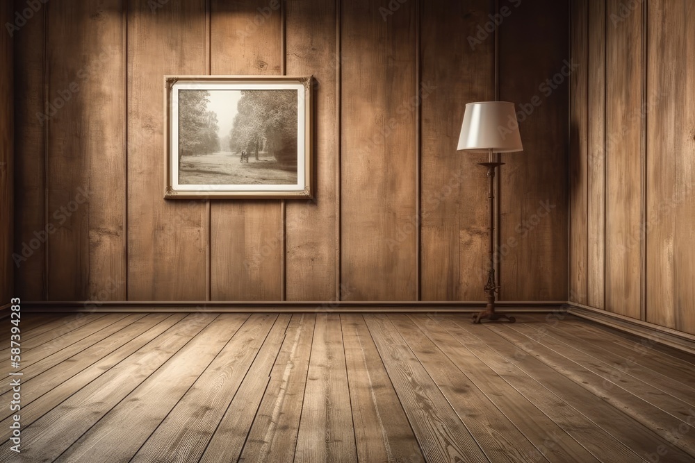 empty room with traditional wood paneling and a classic painting on the wall. Generative AI