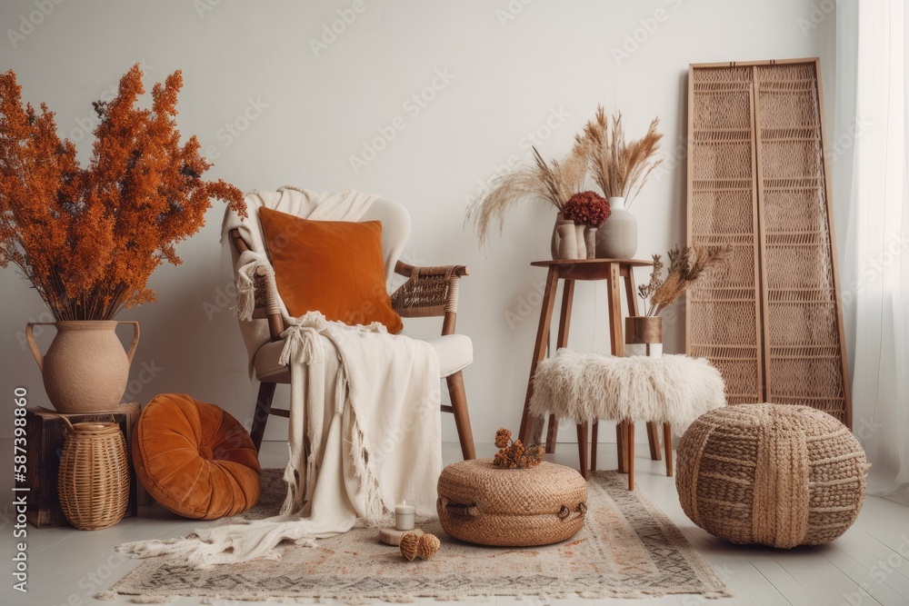 Boho house decor. Bohemian living room with white armchair, basket, dried flowers in vase, wooden de