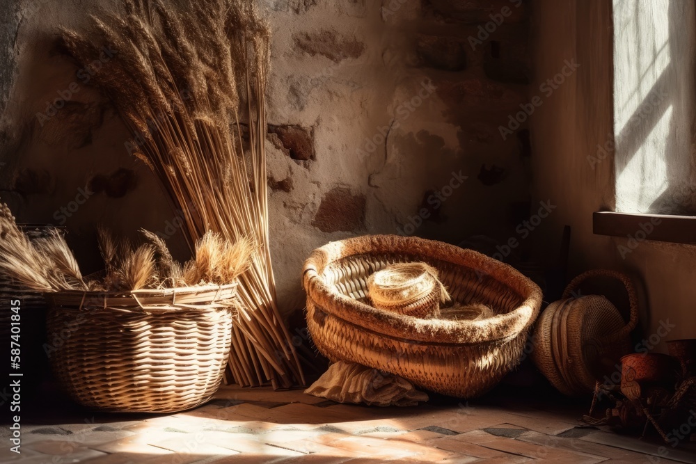 The floor has a wicker basket with reed panicles. Room décor. Handcrafted. Generative AI