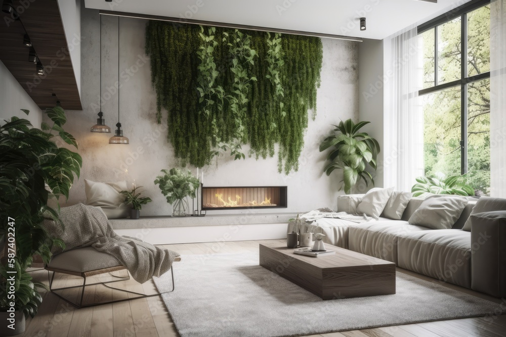 Lovely living area with fireplace, green houseplants, and comfy couch. Generative AI