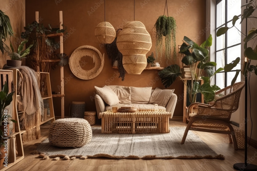 Structure painting, armchair, wooden cubes, plants, and bohemian accessories in pleasant living room