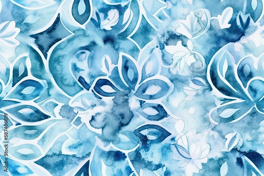 Blue and white flowers painted in watercolor. Generative AI