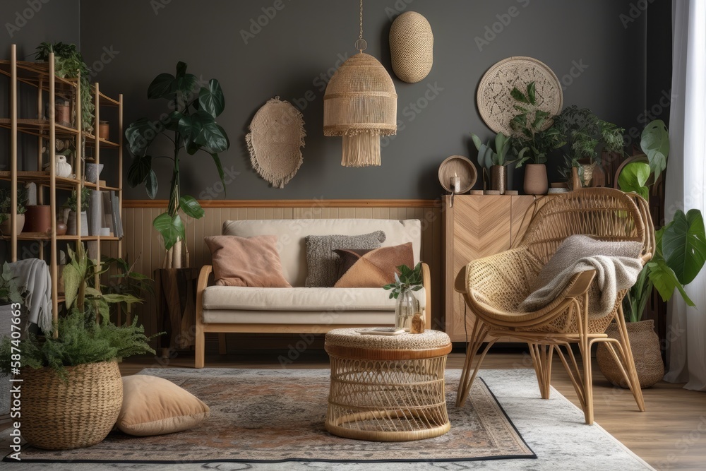 Boho living room with design armchair, black coffee table, vase with flowers, abstract backdrop wall