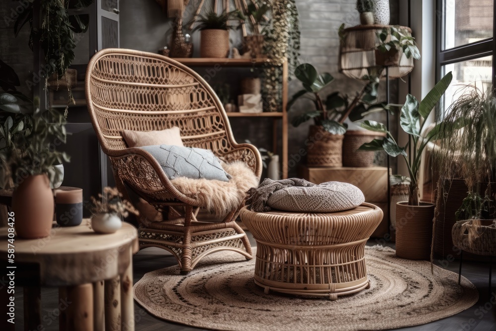 Boho stylish room with cushion at wicker armchair, little coffee table, commode, houseplants in flow