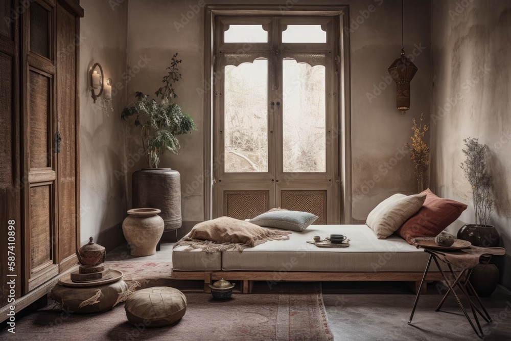 Oriental living area with beige chaise longue, bohemian décor, huge pouf with wooden tray and tea ke