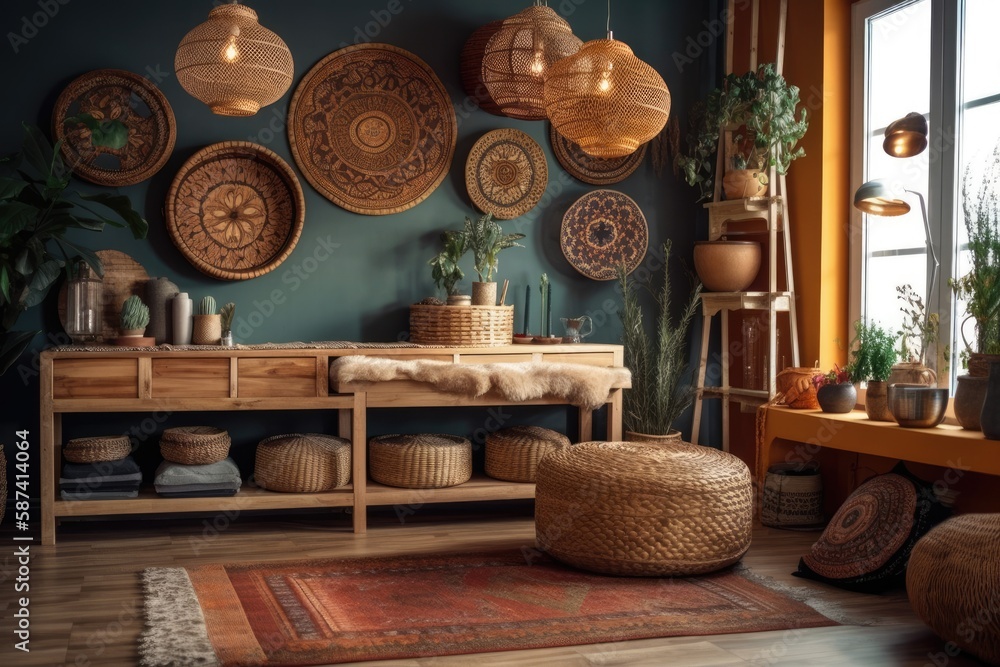 The ethnic living room with wicker baskets, wooden seat, and attractive personal decorations. Cozy f