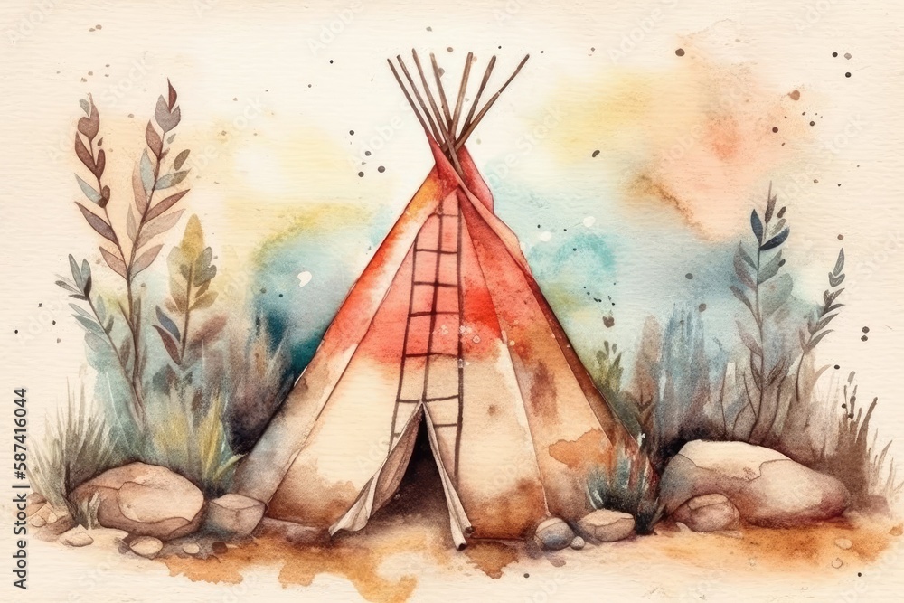 Bohemian wigwam watercolor. Great for postcard, poster, and sticker design. Generative AI