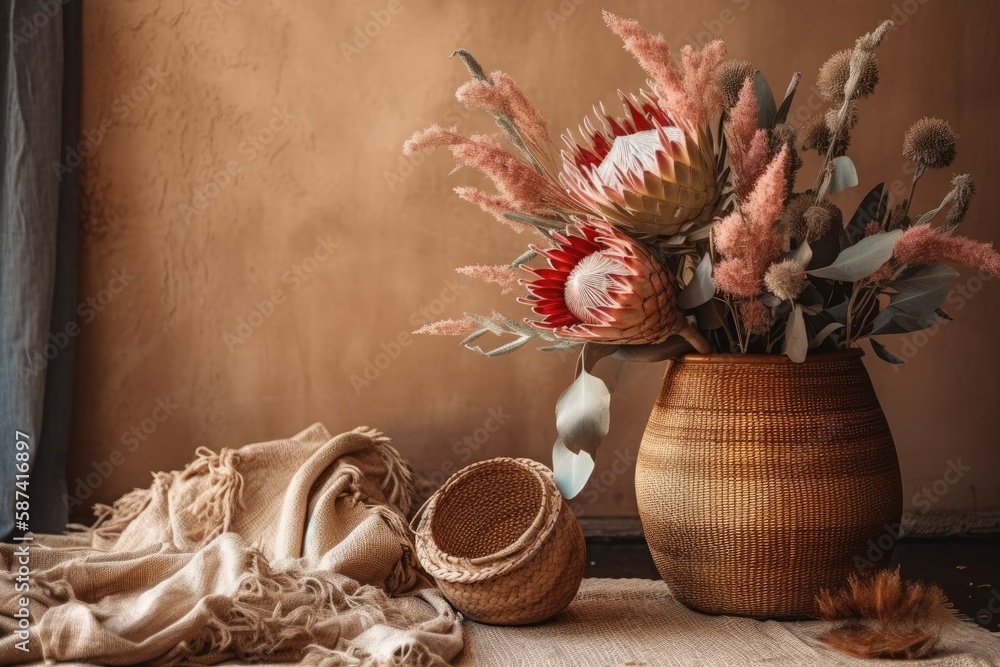 Dried protea flowers in clay vase, pampas grass, wicker basket, boho rug on beige linen fabric. Bohe