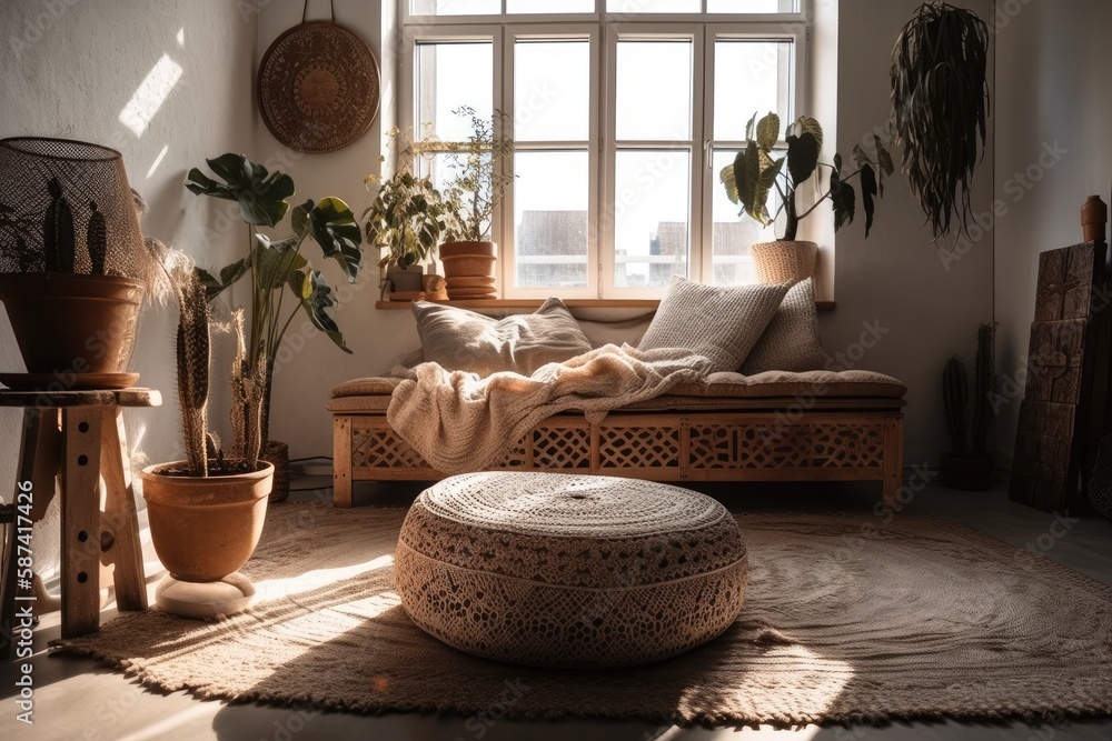 Modern boho house decor. Couch, cushions, houseplants, carpet, and ornaments against concrete wall. 