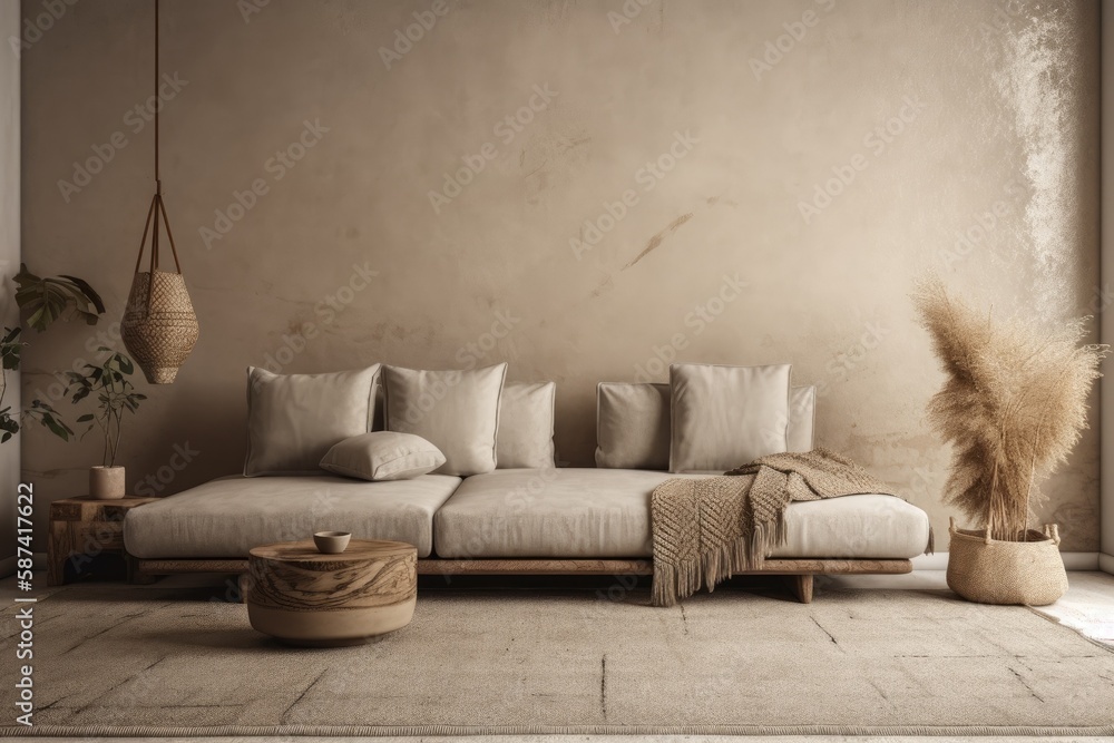 Warm neutral wabi sabi interior mockup with low couch, jute mat, ceramic jug, side table, and dried 