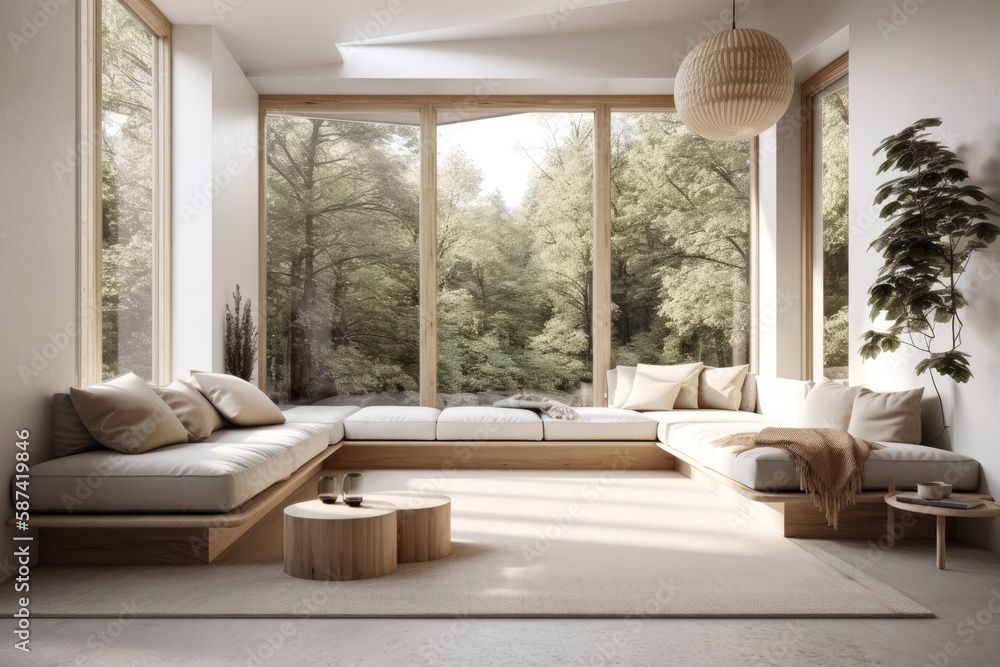 Scandinavian minimalism. Bright studio living room with modular couch and stucco mockup. Forest view