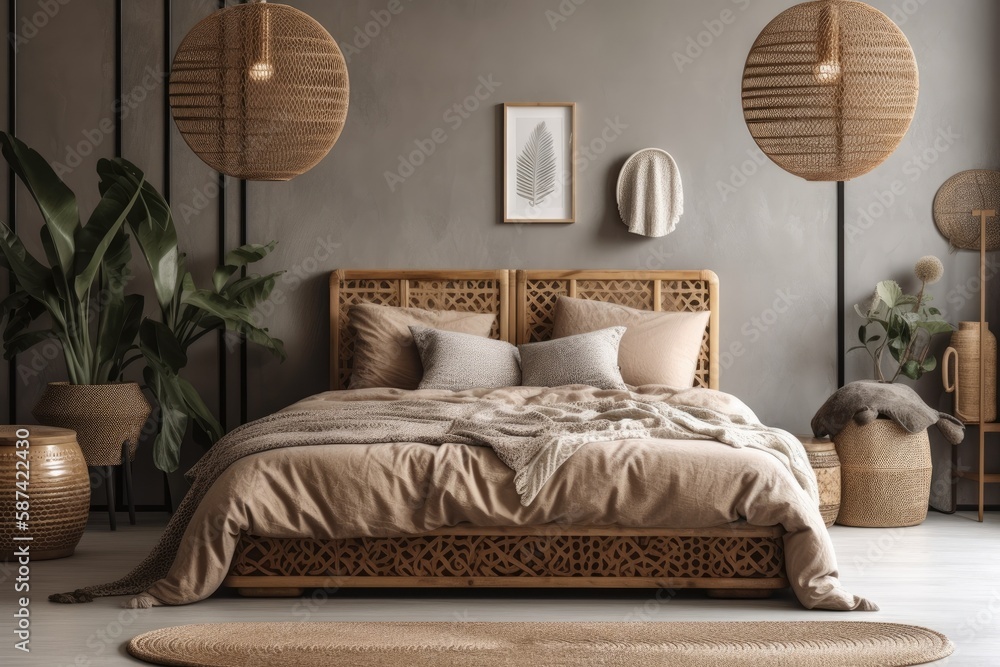 Rattan bed on white scandi backdrop, farmhouse bedroom frame mockup,. Generative AI