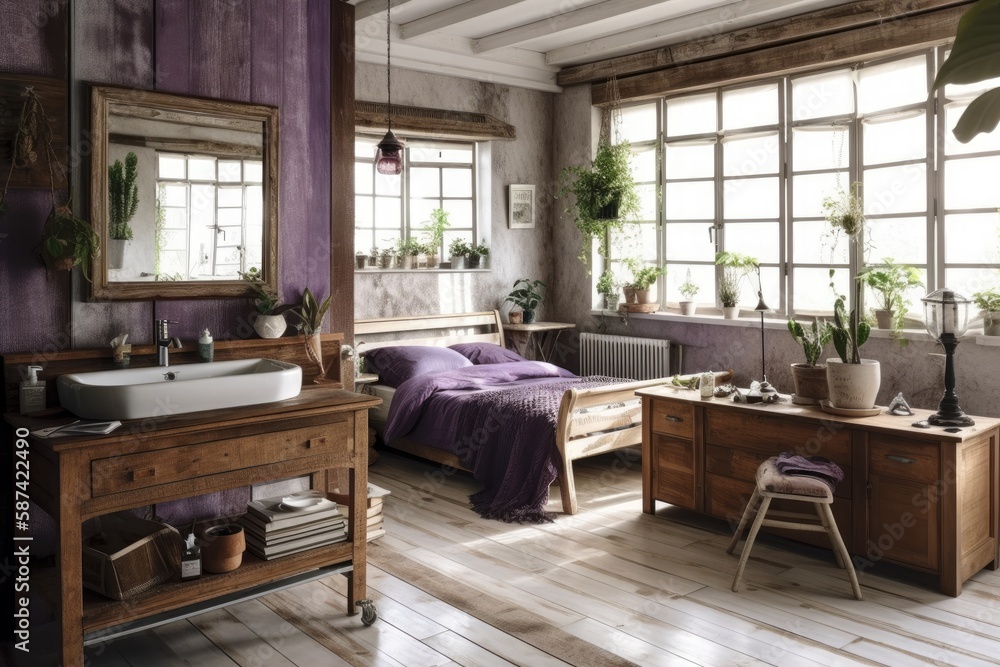 White and purple bohemian wooden bedroom and bathroom. Bed, bathtub, washbasins, potted plants. Shut