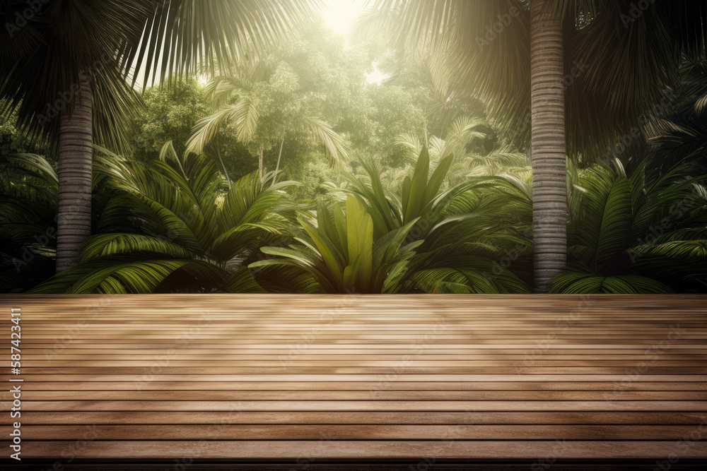 Wooden floor with tropical background. Illustration AI Generative.