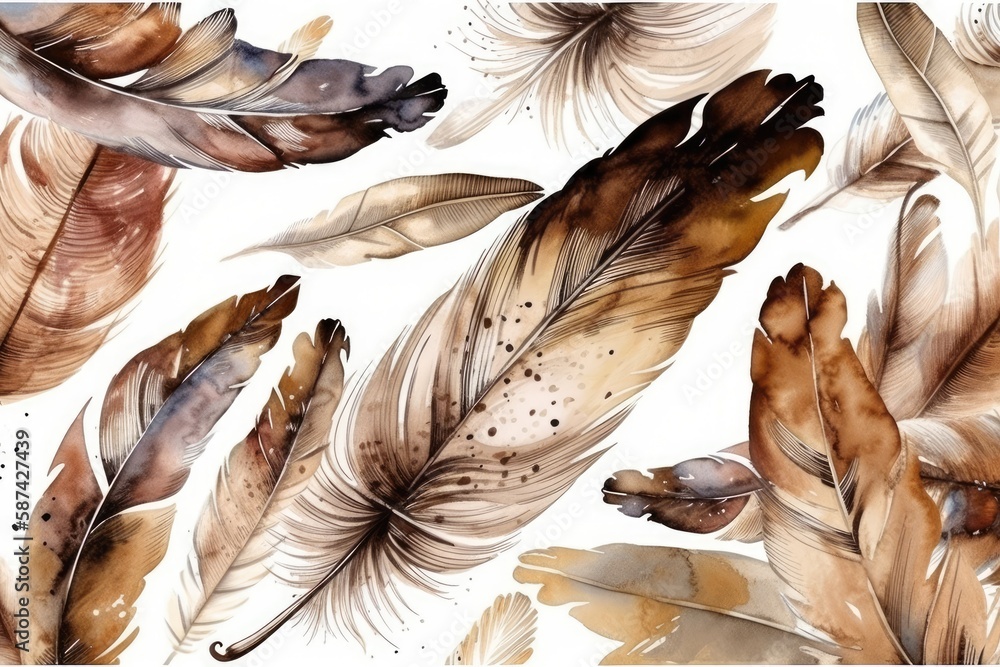 colorful watercolor feathers on a plain white background. Generative AI