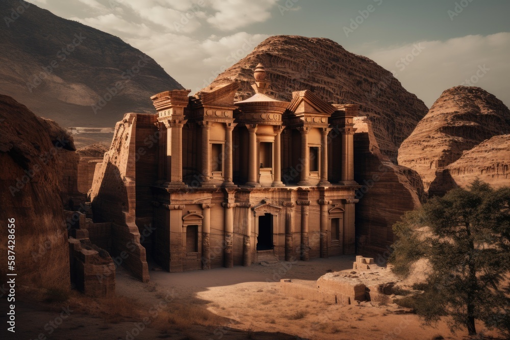 vast desert landscape with a lone building in the center. Generative AI