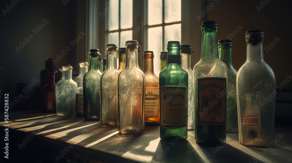 Vintage bottles collection. Illustration AI Generative.