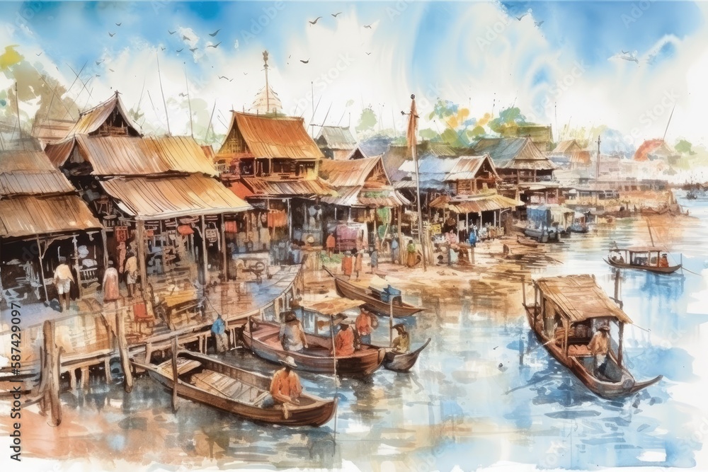 picturesque village situated on the waterfront, painted with watercolors. Generative AI