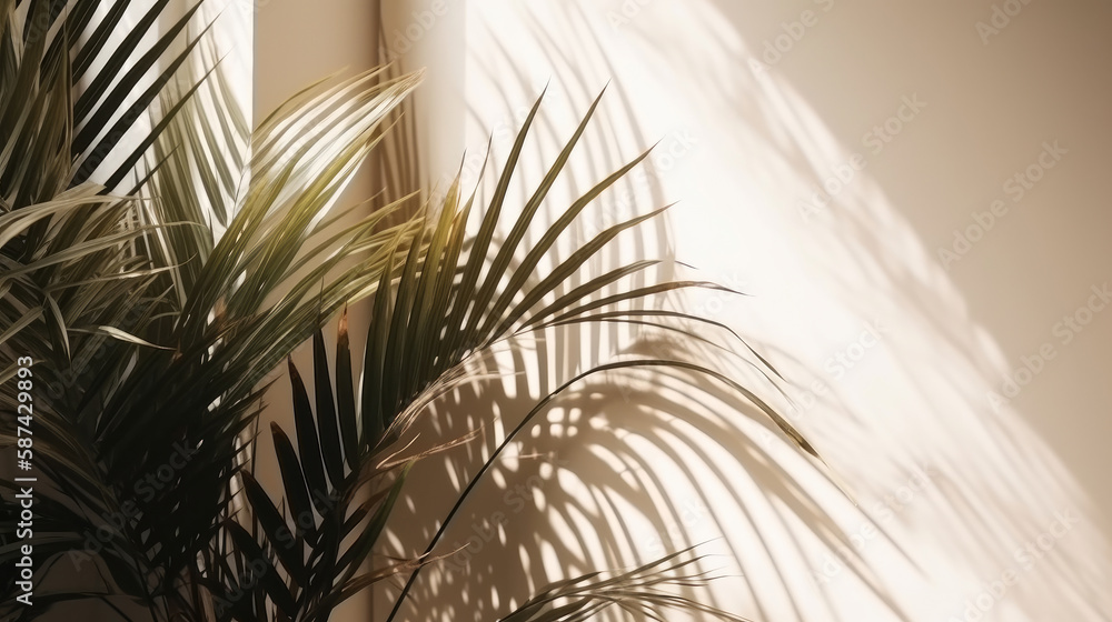 Palm leaves background with shadow. Illustration AI Generative.