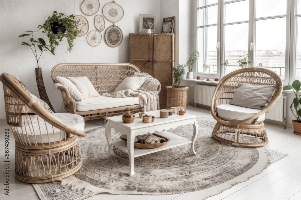 Complete white project draft, bohemian chic antique living room. Rattan rocker and sofa on jute carp