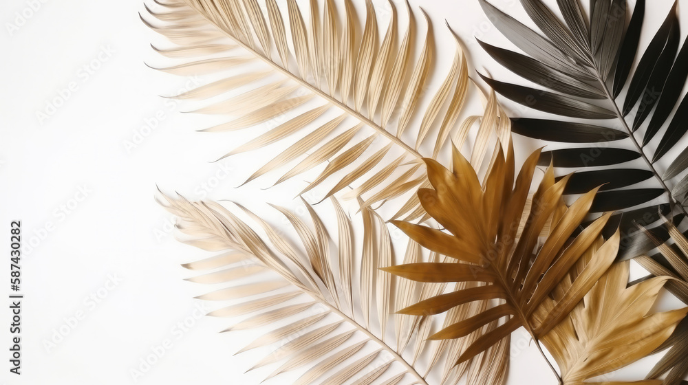 Golden tropical leaves. Illustration AI Generative.